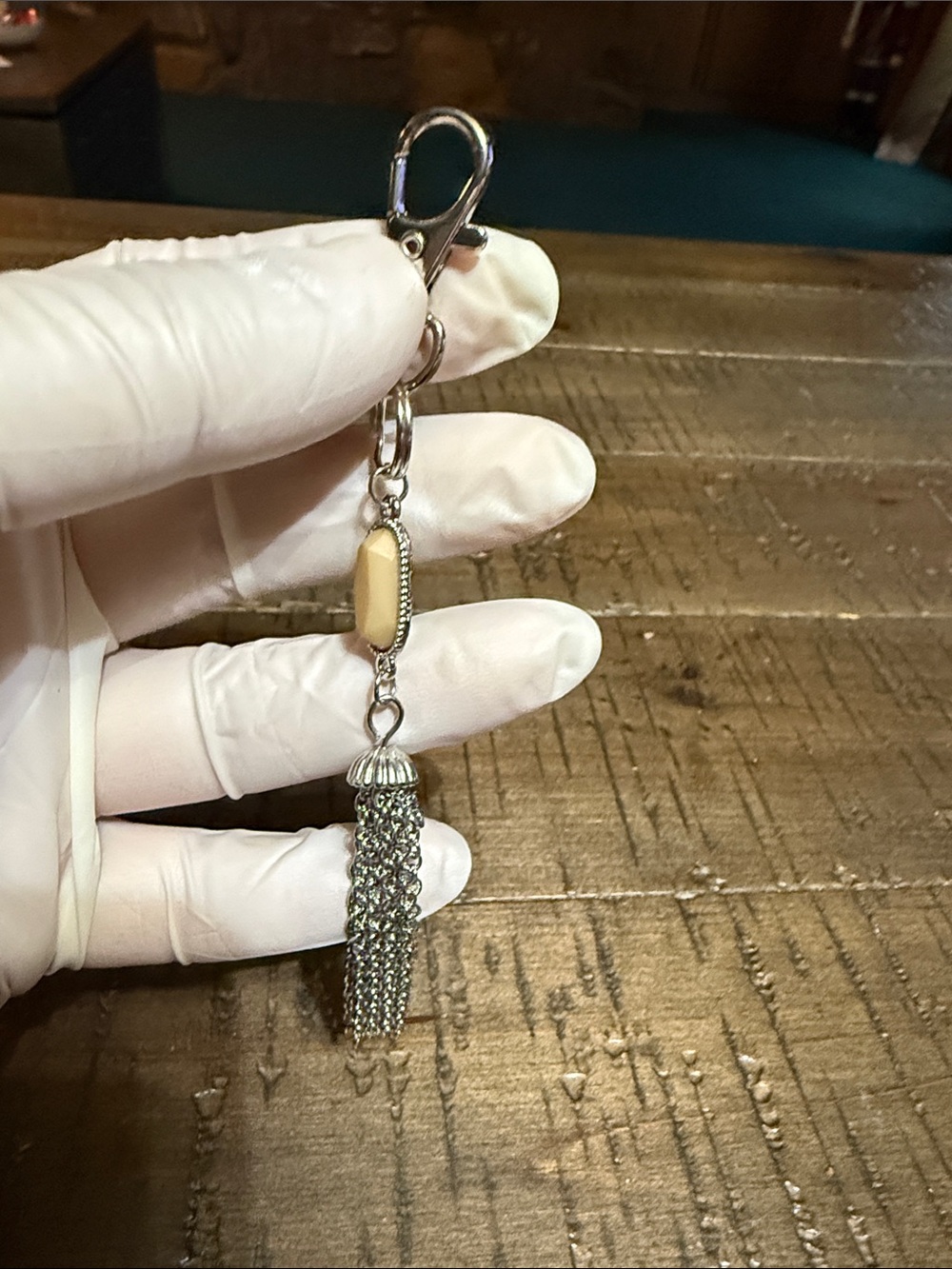 Silver Tassel Keychain with Beige Stone Accent